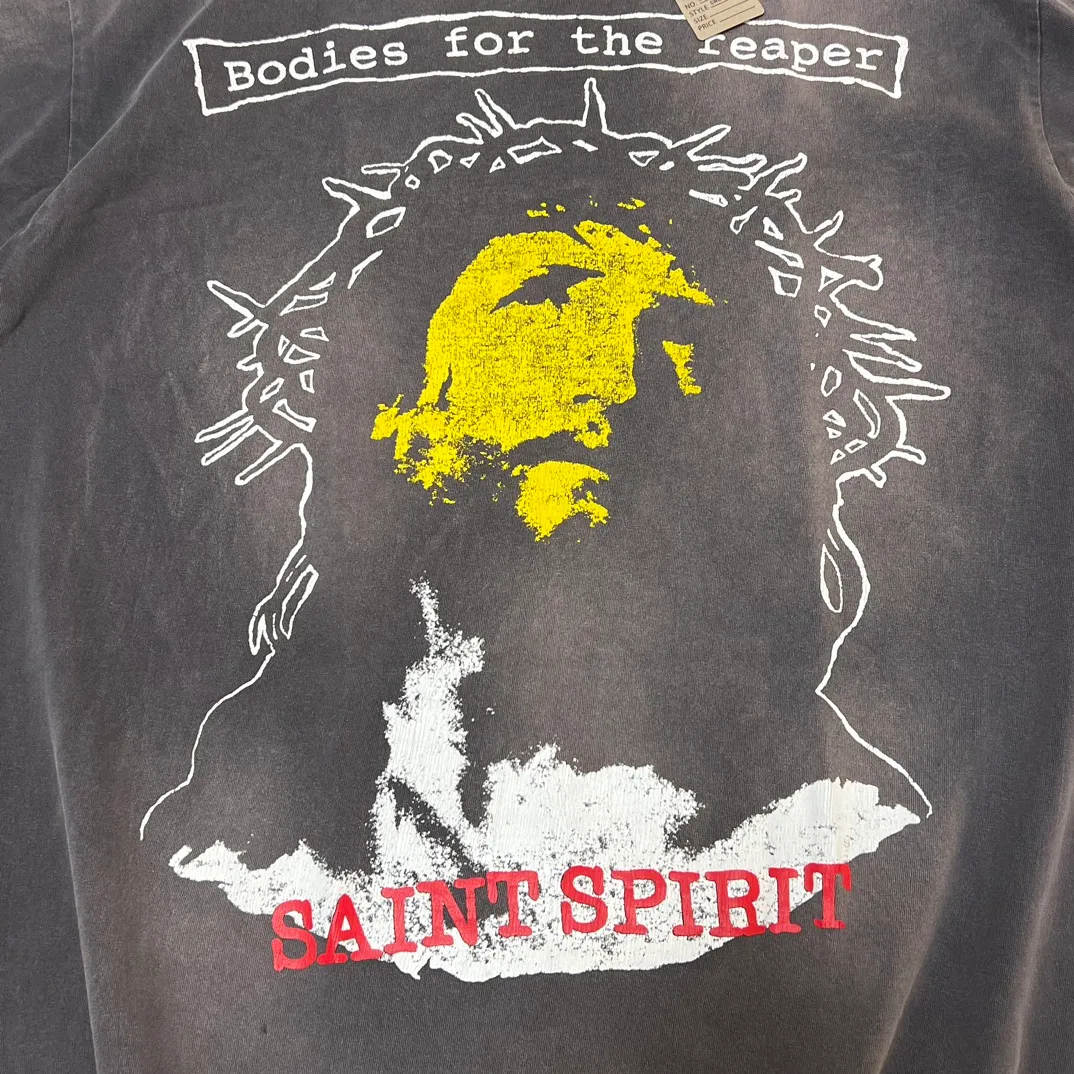 SAINT MICHAEL SS TEE/B FOR REAPER Jesus Hell's Angels Washed and Distressed Short Sleeves Washed Black S-XL Garment Dyed Printed Washed and Distressed